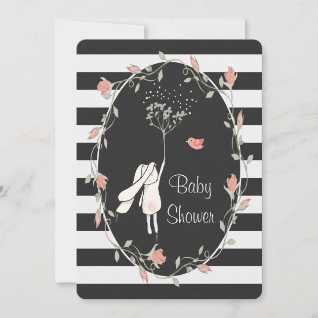 Bunny Baby Shower Black White Rand Blommigt Utandn Inbjudningar (Framsida)