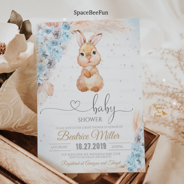 Bunny Baby Shower-inbjudan Boy Boho pampas-gräs Inbjudningar (Bunny Baby Shower Invitation Boy Boho pampas grass Bohemian Rabbit Bunny Baby Shower Some Bunny )