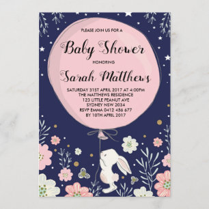 Bunny Baby Shower-inbjudan Rabbit Navy Rosa Star Inbjudningar