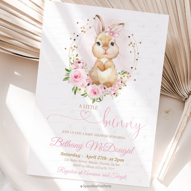 Bunny baby shower  inbjudningar (Bunny baby shower, invitation ,baby shower,Some Bunny,Invite Easter,Rabbit Girl,Spring Floral,Pink a)
