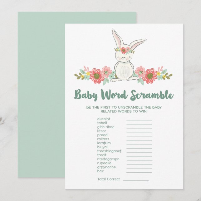Bunny Baby Shower Ord Scramble Game Card Inbjudningar (Fram/baksida)