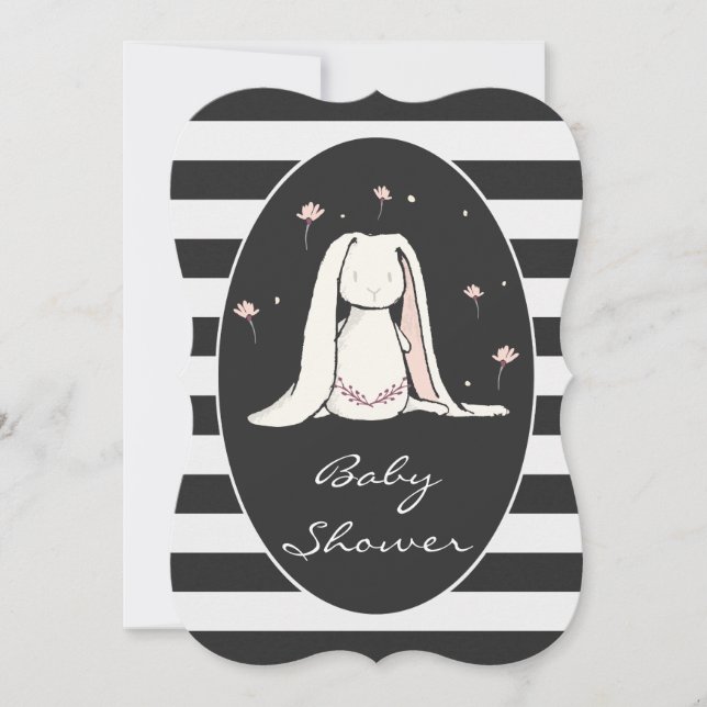 Bunny Baby Shower Rosa Blommor Black White Rand Inbjudningar (Framsida)