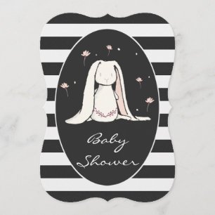 Bunny Baby Shower Rosa Blommor Black White Rand Inbjudningar