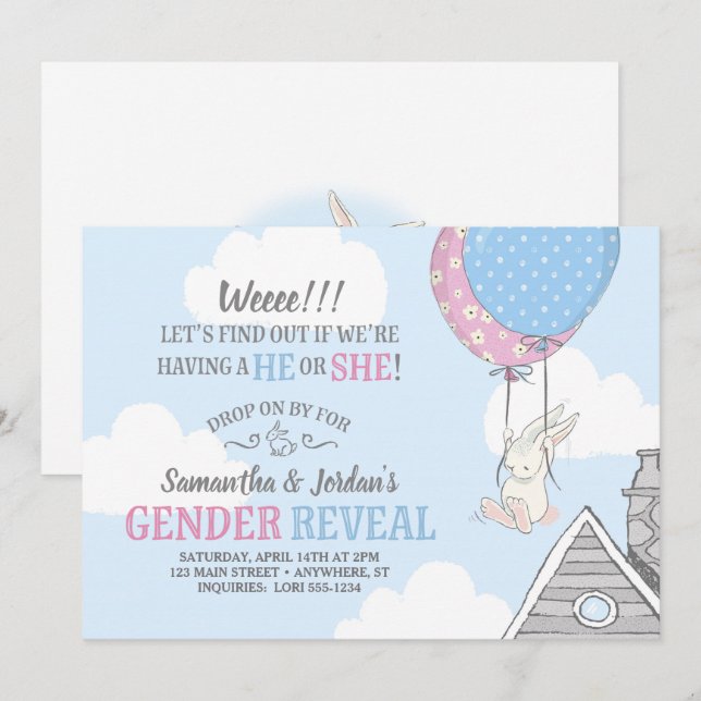 Bunny + Balloons Gender Reveal-inbjudan Inbjudningar (Fram/baksida)