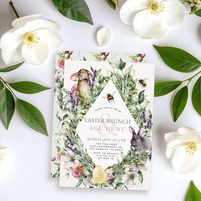 Bunny & Bee Greenery Rhombus Easter Brunch Inbjudningar (Skapare uppladdad)