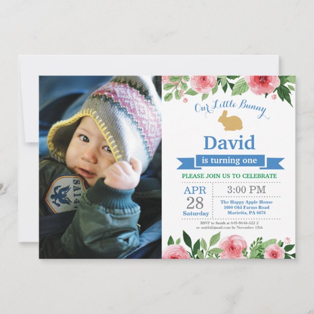 Bunny Birthday Boy Påskägg 1:a födelsedag Inbjudningar (Framsida)