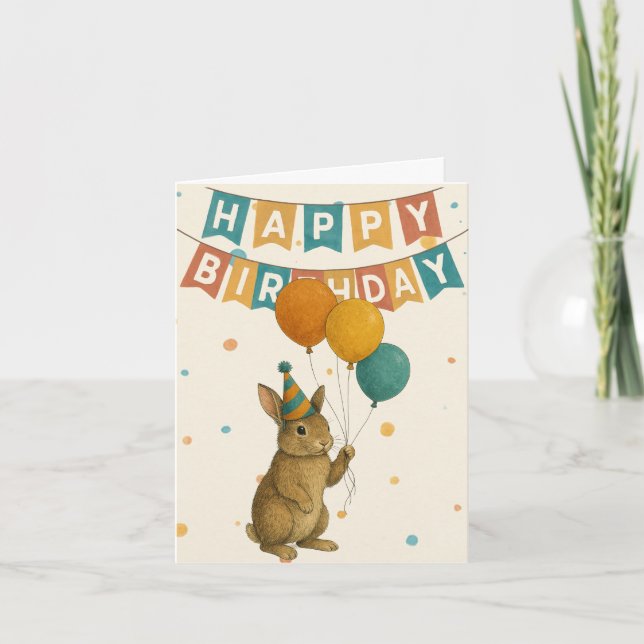 Bunny Birthday Card - Cute Party Animal Kort (Framsida)