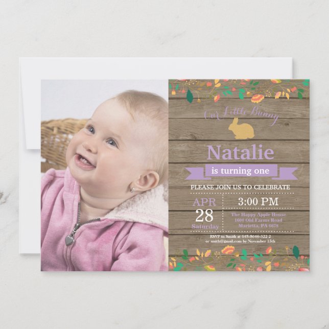 Bunny Birthday Girl Påskägg 1:a födelsedag Inbjudningar (Framsida)