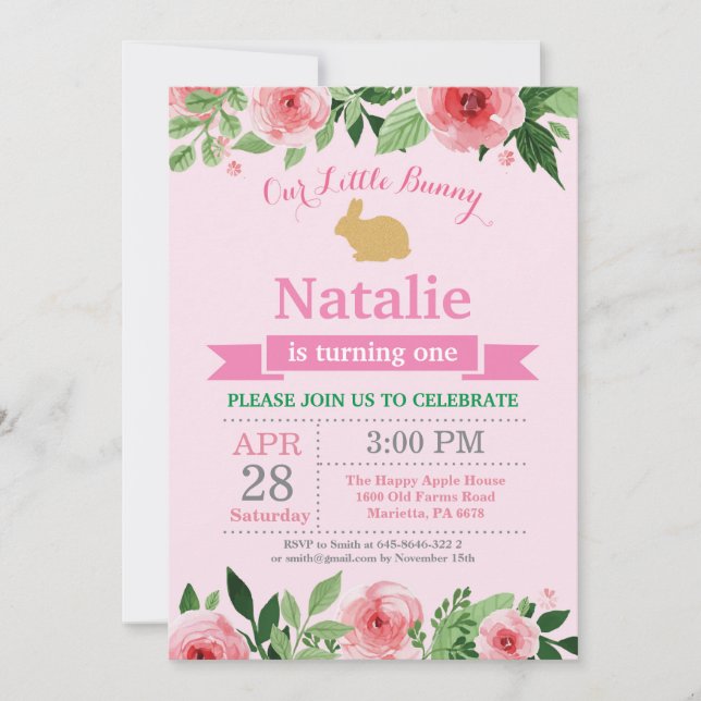 Bunny Birthday Girl Påskägg 1:a födelsedag Inbjudningar (Framsida)