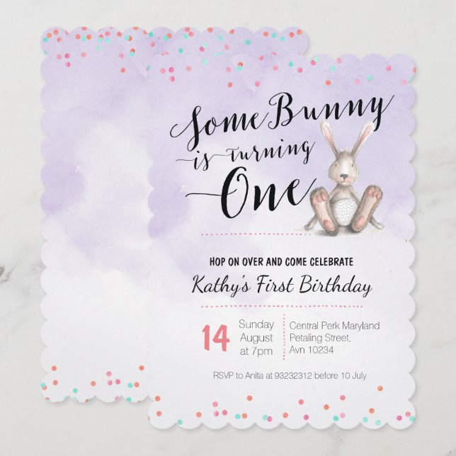 Bunny Birthday-inbjudan LILA Inbjudningar (Fram/baksida)