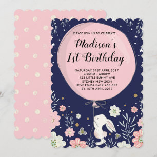 Bunny Birthday Inbjudan Rabbit Navy Rosa Twinkl St