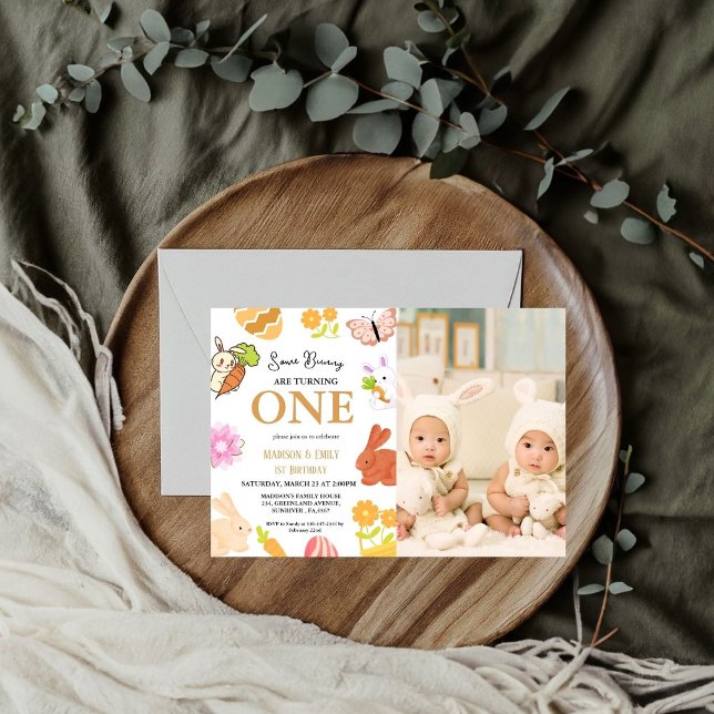Bunny Birthday Påskägg Twin 1st First Birthday Inbjudningar (Skapare uppladdad)