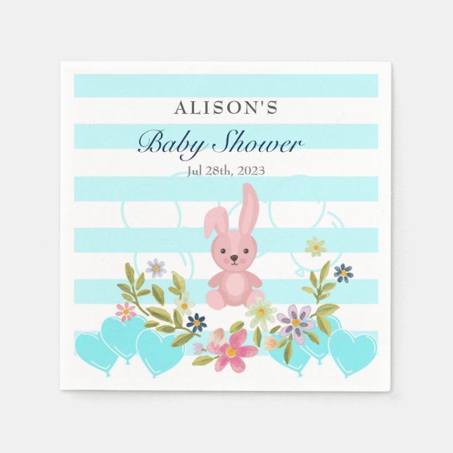 Bunny Blommigt Blue teal rand Boy Shower Pappersservett (Framsidan)