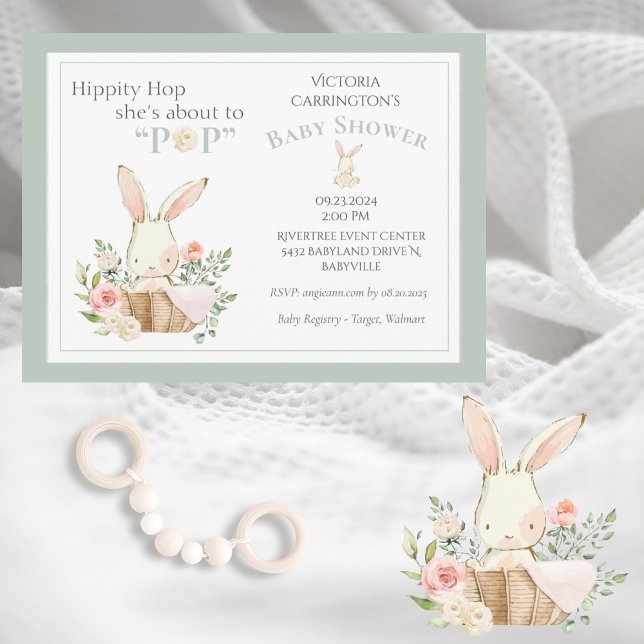 Bunny Blommigt Grönt Kön Neutral Baby Inbjudan Vykort (Skapare uppladdad)