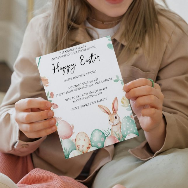 Bunny Blommigt och ägg vita glad påsk Inbjudningar (Skapare uppladdad)