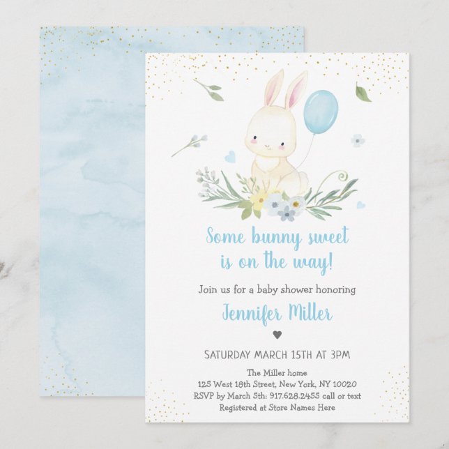 Bunny Blue Boy Greenery Baby Shower Inbjudningar (Fram/baksida)