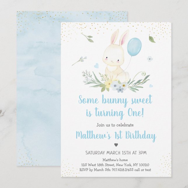 Bunny Blue Boy Greenery Birthday-inbjudan Inbjudningar (Fram/baksida)
