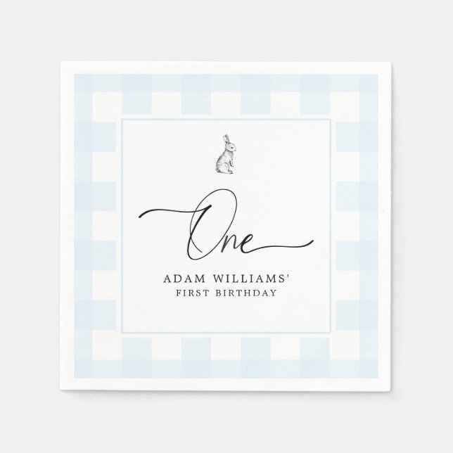 Bunny Blue Gingham First Birthday Pappersservett (Framsidan)