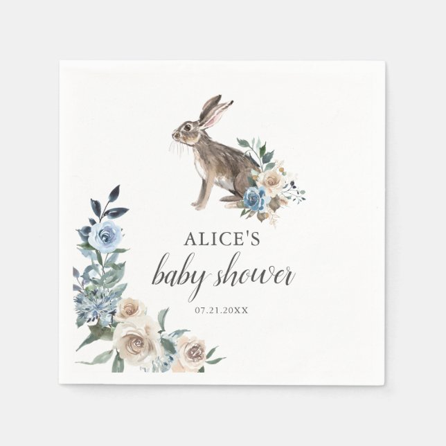 Bunny Boho Dusty Blåa blommor Baby Shower Pappersservett (Framsidan)