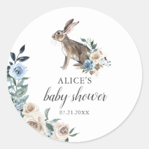 Bunny Boho Dusty Blue Beige Flowers Baby Shower Runt Klistermärke