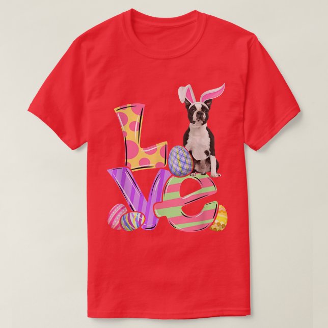 Bunny Boston Terrier Hund Glad påsk Eggs Träd T Shirt (Design framsida)