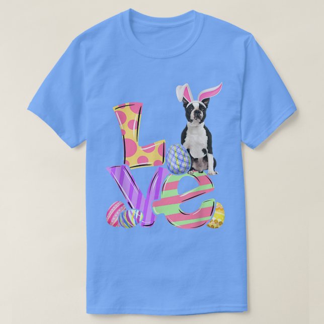 Bunny Boston Terrier Hund Glad påsk Eggs Träd T Shirt (Design framsida)