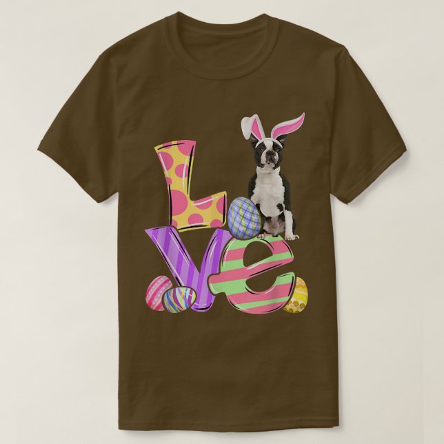 Bunny Boston Terrier Hund Glad påsk Eggs Träd  T Shirt (Design framsida)
