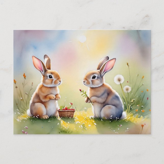 Bunny Brunch - vykort för mjuka vattenfärgskaniner (Framsida)
