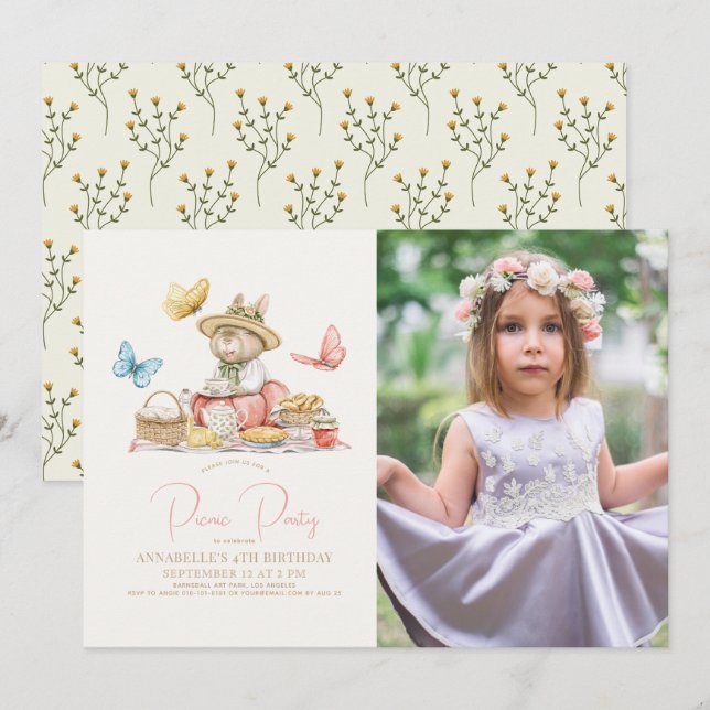 Bunny & Butterflies Picnic Tea Party Birthday Phot Inbjudningar (Fram/baksida)