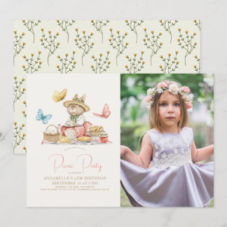 Bunny & Butterflies Picnic Tea Party Birthday Phot Inbjudningar