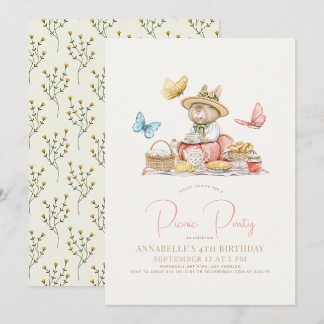Bunny & Butterflies Picnic Tea Party Girl Birthday Inbjudningar (Fram/baksida)