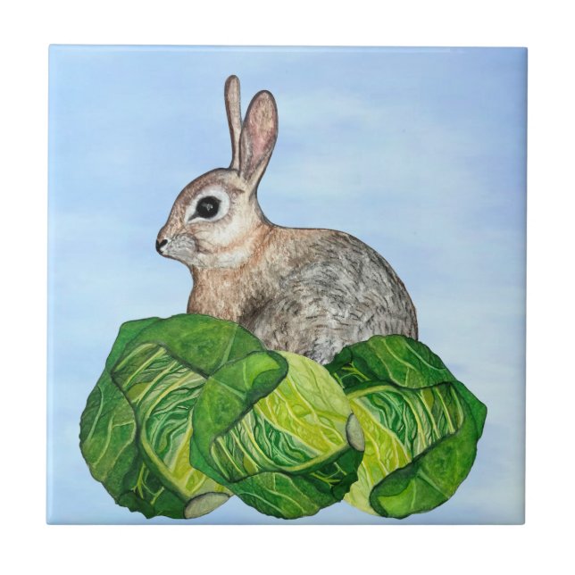 Bunny Cabbage Blue Ceramic Tile Kakelplatta (Framsidan)