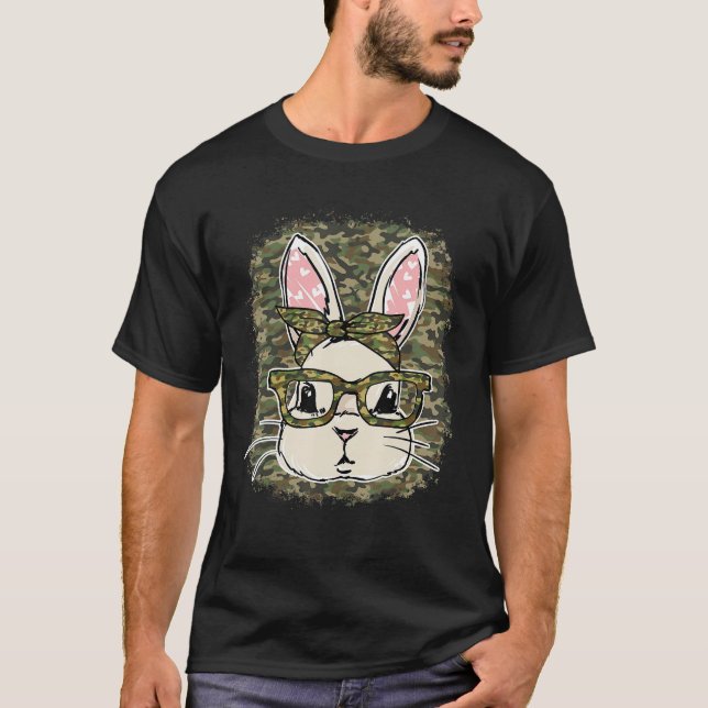 Bunny Camou Flage Wearing Glasses Glad påsk Day T Shirt (Framsida)