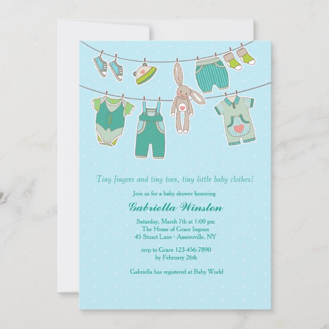 Bunny Clothesline Baby Shower-inbjudan Inbjudningar (Framsida)