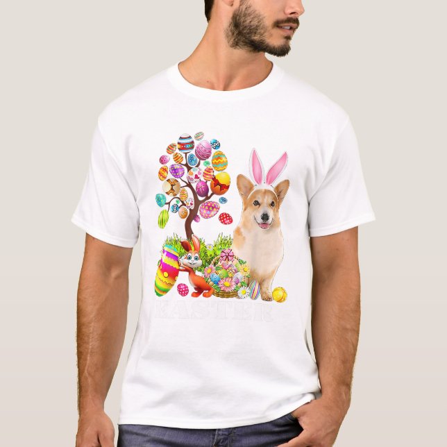 Bunny Corgi Dog Happy Easter Eggs T Shirt (Framsida)