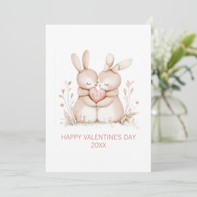 Bunny Custom Initials Valentine's Day Flat Julkort (Stående Fram)