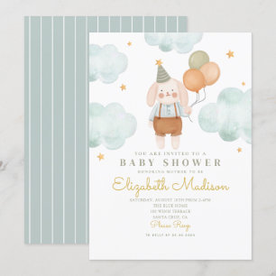 Bunny Cute Rosa & Baloons Cloud Baby Shower Inbjudningar