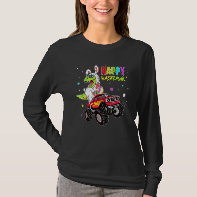 Bunny Dinosaur Rex Riding Monster Lastbil Lycklig  T Shirt (Framsida)