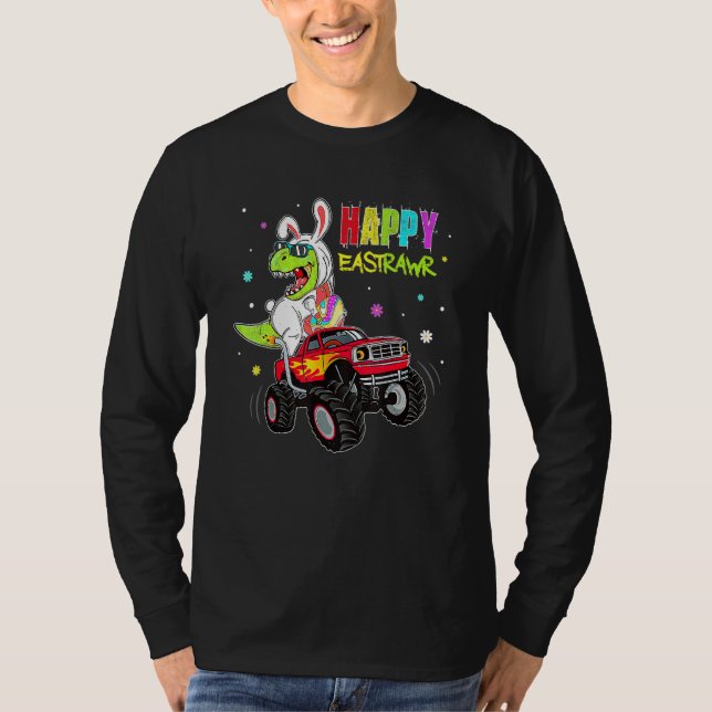 Bunny Dinosaur Rex Riding Monster Lastbil Lycklig  T Shirt (Framsida)