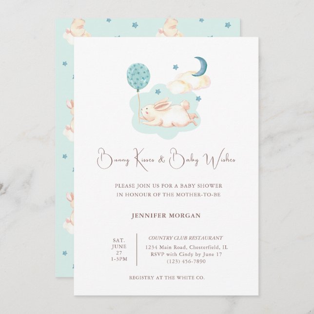 Bunny Dreams Blue Baby Shower Inbjudningar (Fram/baksida)