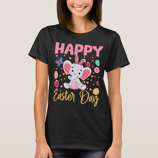 Bunny Elephant Colorful Eggs Hunting Happy Easter  T Shirt (Framsida)