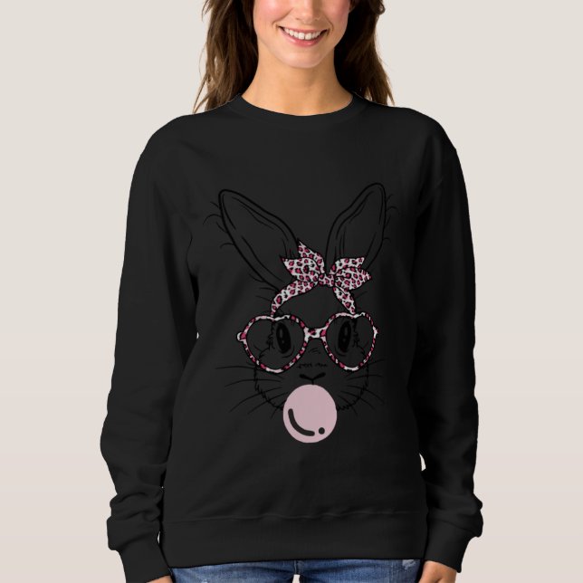 Bunny Face Leopard Glasses Bubble Gum Easter Day T Shirt (Framsida)