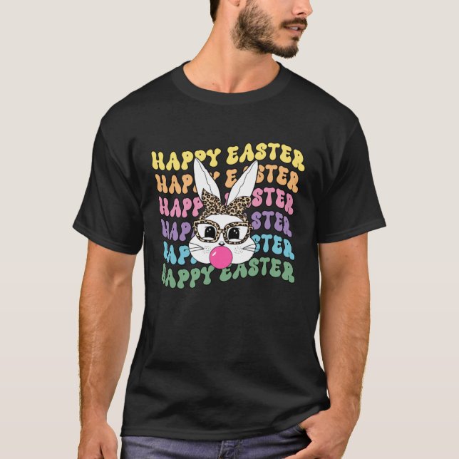 Bunny Face Leopard Glasses Bubble Gum Happy Easter T Shirt (Framsida)