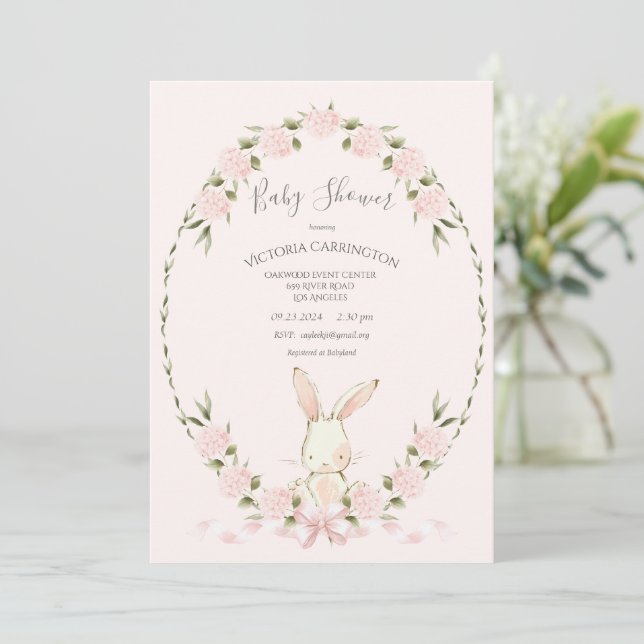 Bunny Floral Hydrangeas Pink Girl Baby Shower Inbjudningar (Stående Fram)