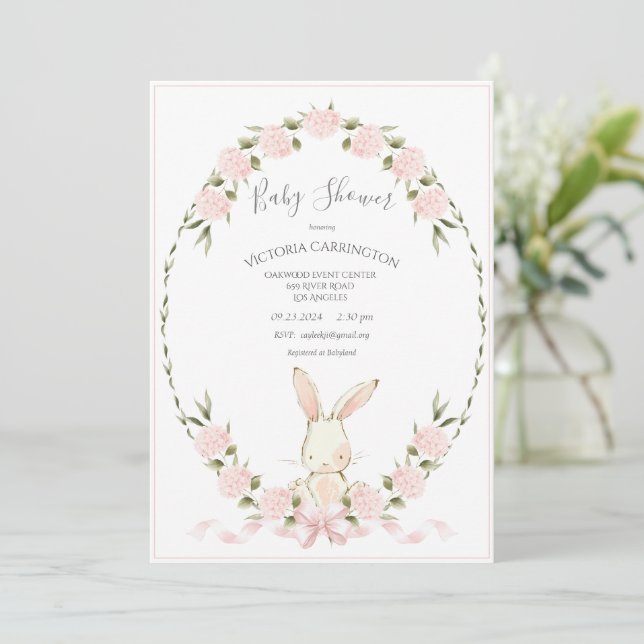 Bunny Floral Hydrangeas Pink Girl Baby Shower Inbjudningar (Stående Fram)