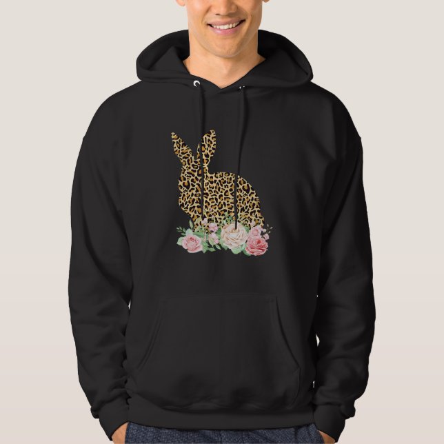 Bunny Flowers Leopard Print Girls Women Happy East Hoodie (Framsida)