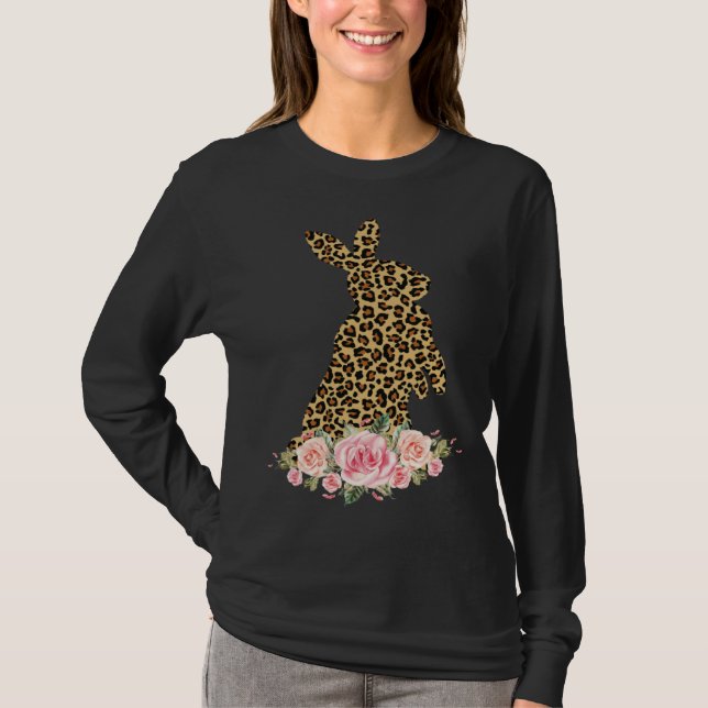Bunny Flowers Leopard Print Girls Women Happy East T Shirt (Framsida)