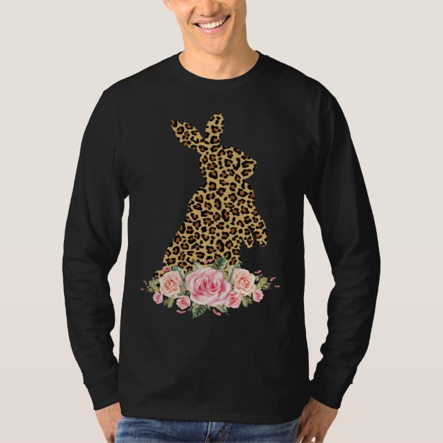 Bunny Flowers Leopard Print Girls Women Happy East T Shirt (Framsida)