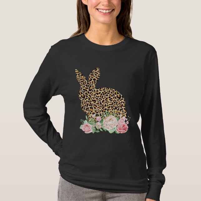 Bunny Flowers Leopard Print Girls Women Happy East T Shirt (Framsida)