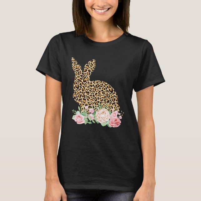Bunny Flowers Leopard Print Girls Women Happy East T Shirt (Framsida)